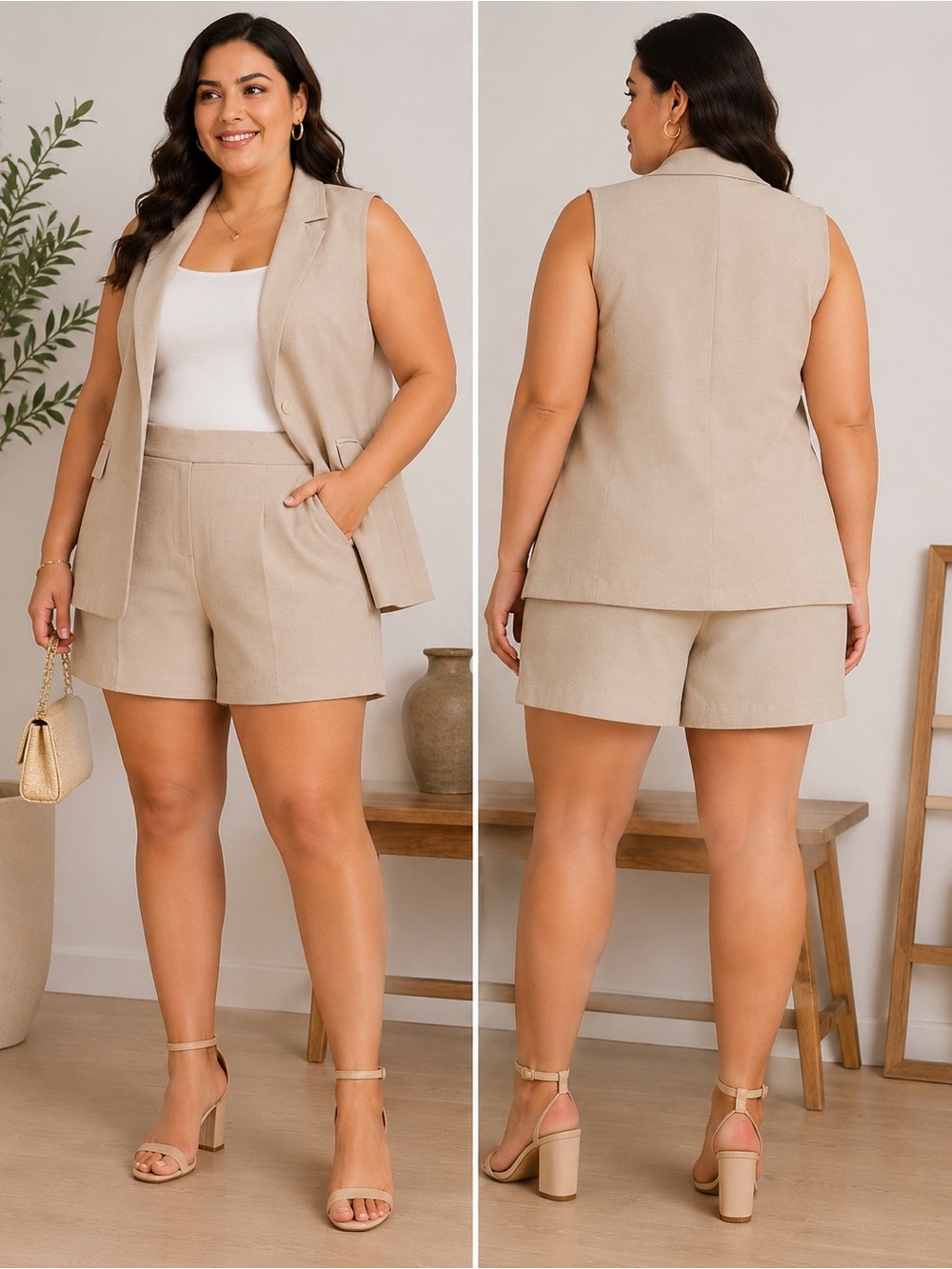 NWT Kirundo 2 Piece Beige Blazer & Shorts Set XXL Chic Neutral Outfit